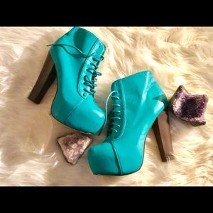 Teal Lace-Up Heeled Boots